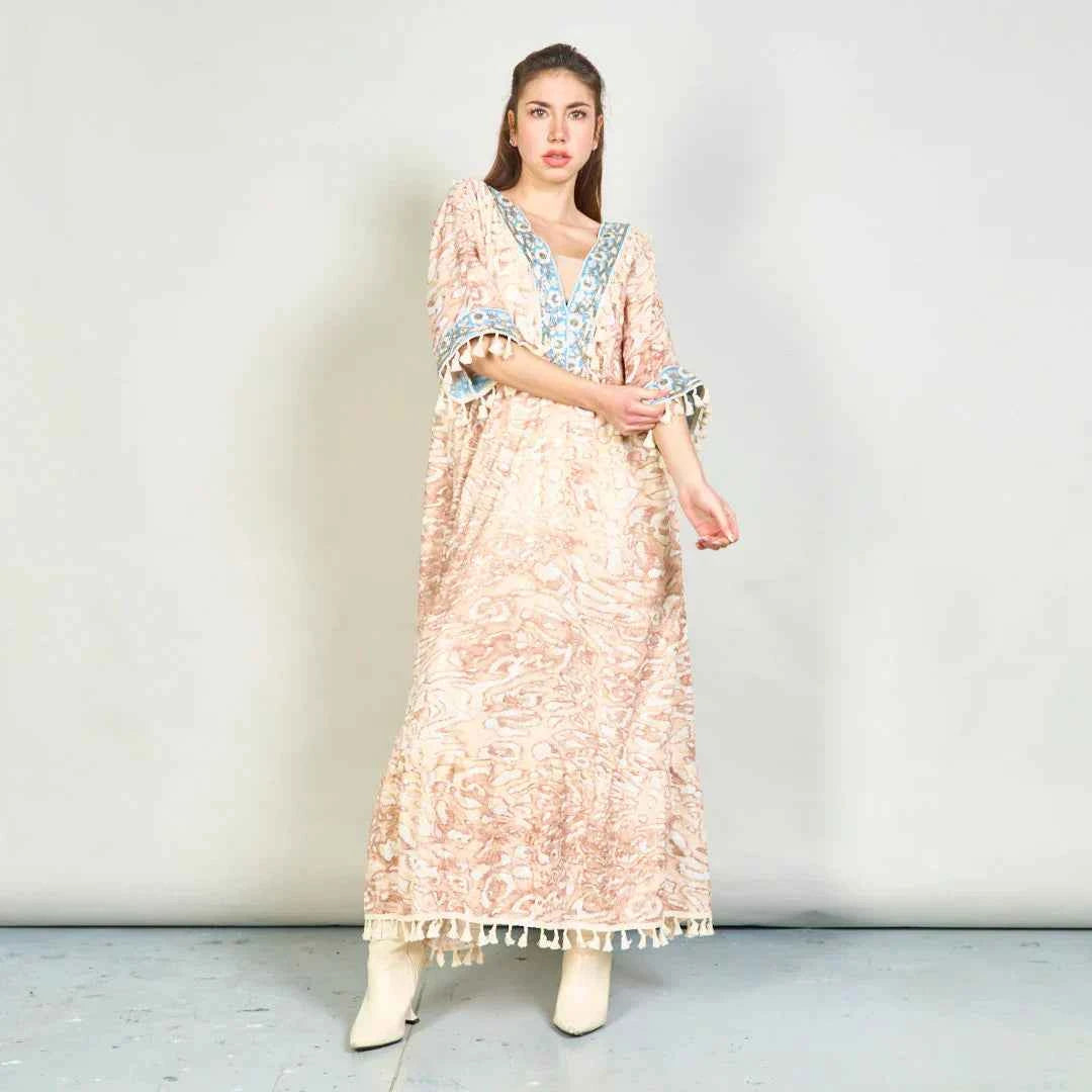 BZNA Sommer Animal Print Boho Maxi Kleid mit Quasten oneSize