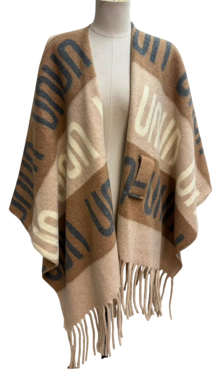 BZNA Strickponcho in Beige - Wolltuch mit Fransen - Poncho MADE IN ITALY - B Z N A