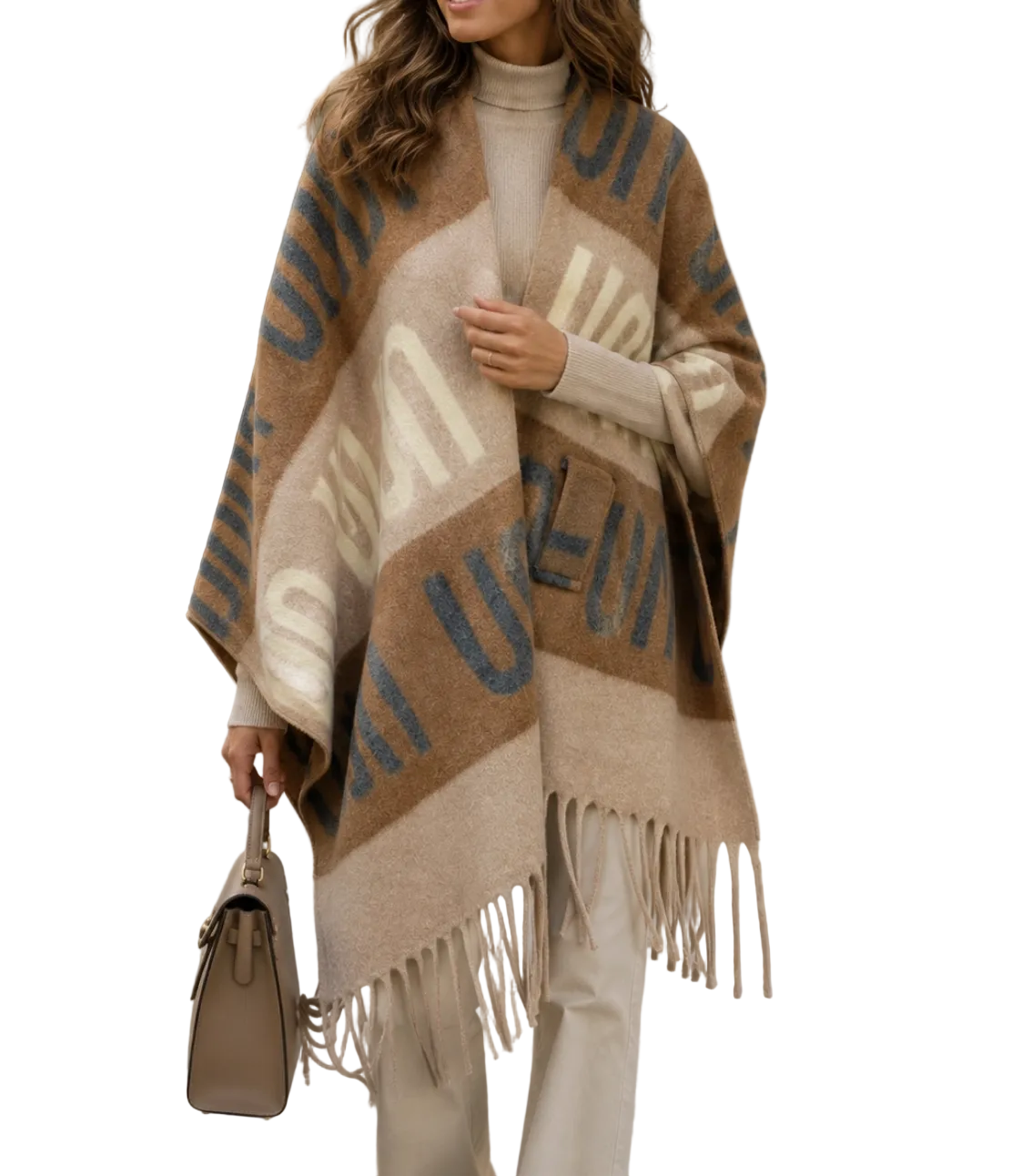 BZNA Strickponcho in Beige - Wolltuch mit Fransen - Poncho MADE IN ITALY - B Z N A