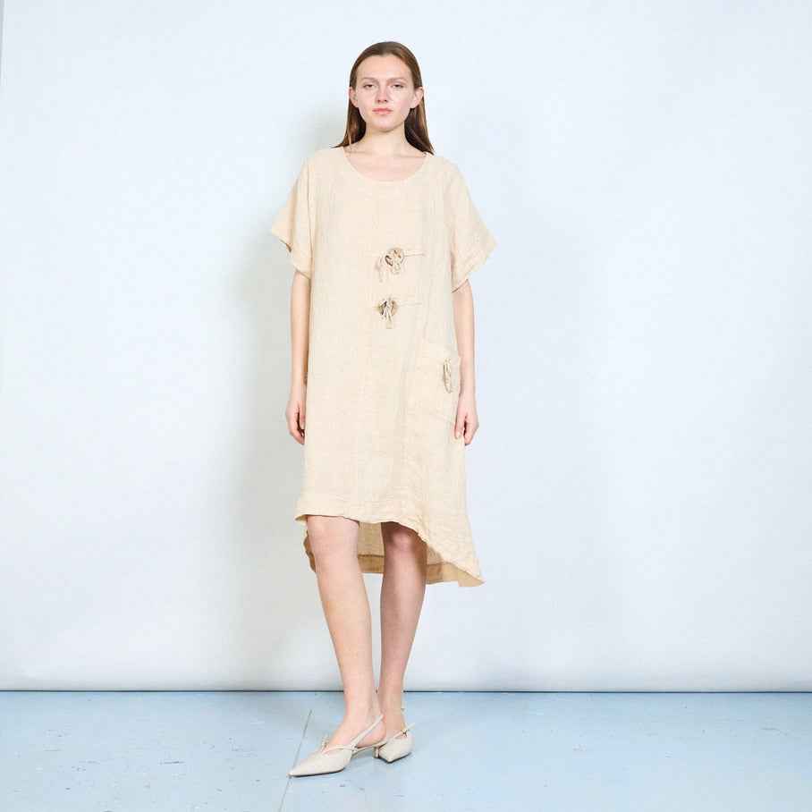 BZNA Leinen Kleid weiche Leinentunika mit Knopfleiste und Taschen Onesize