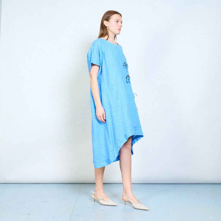 BZNA Leinen Kleid weiche Leinentunika mit Knopfleiste und Taschen Onesize