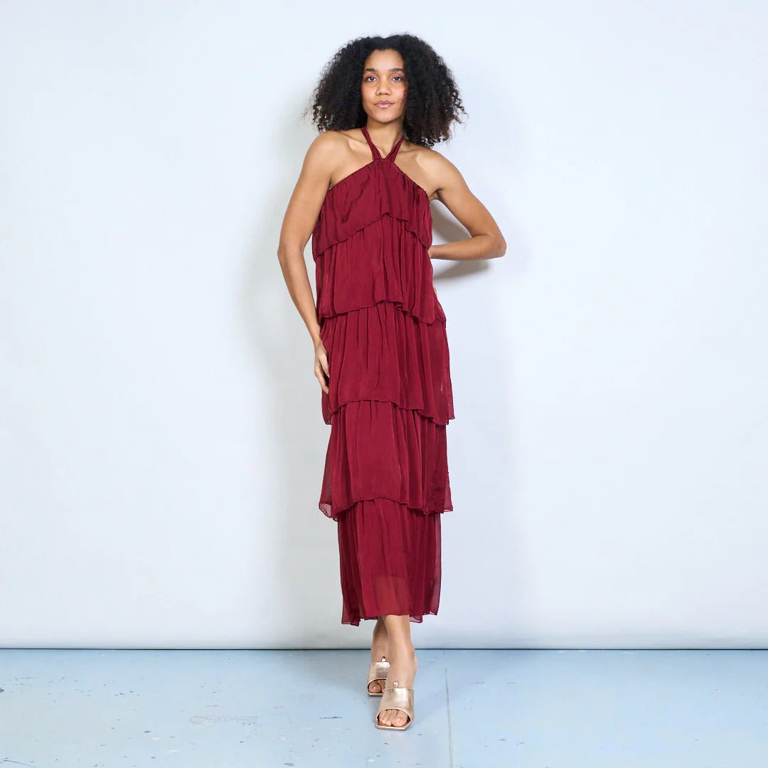 BZNA Sommer Neckholder Stufen Maxikleid Stufen Seidenkleid Chiffonkleid oneSize - B Z N A