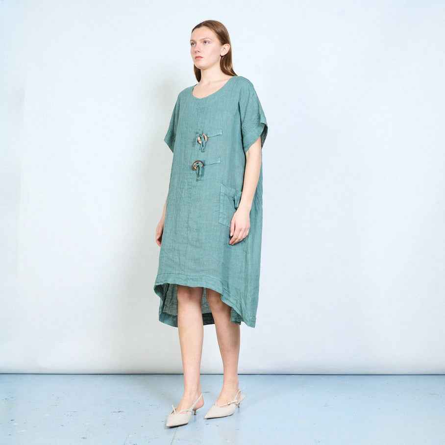BZNA Leinen Kleid weiche Leinentunika mit Knopfleiste und Taschen Onesize