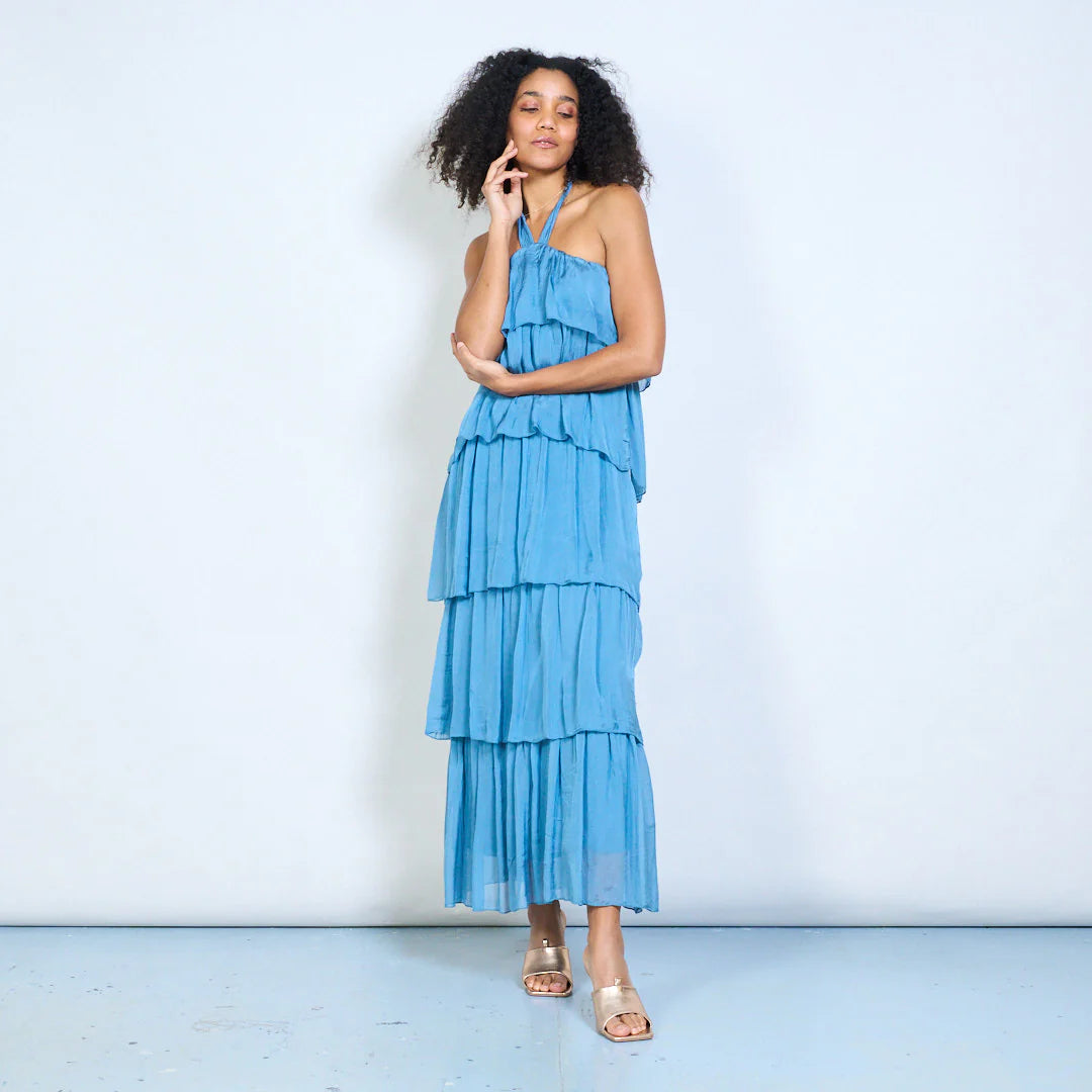 BZNA Sommer Neckholder Stufen Maxikleid Stufen Seidenkleid Chiffonkleid oneSize - B Z N A