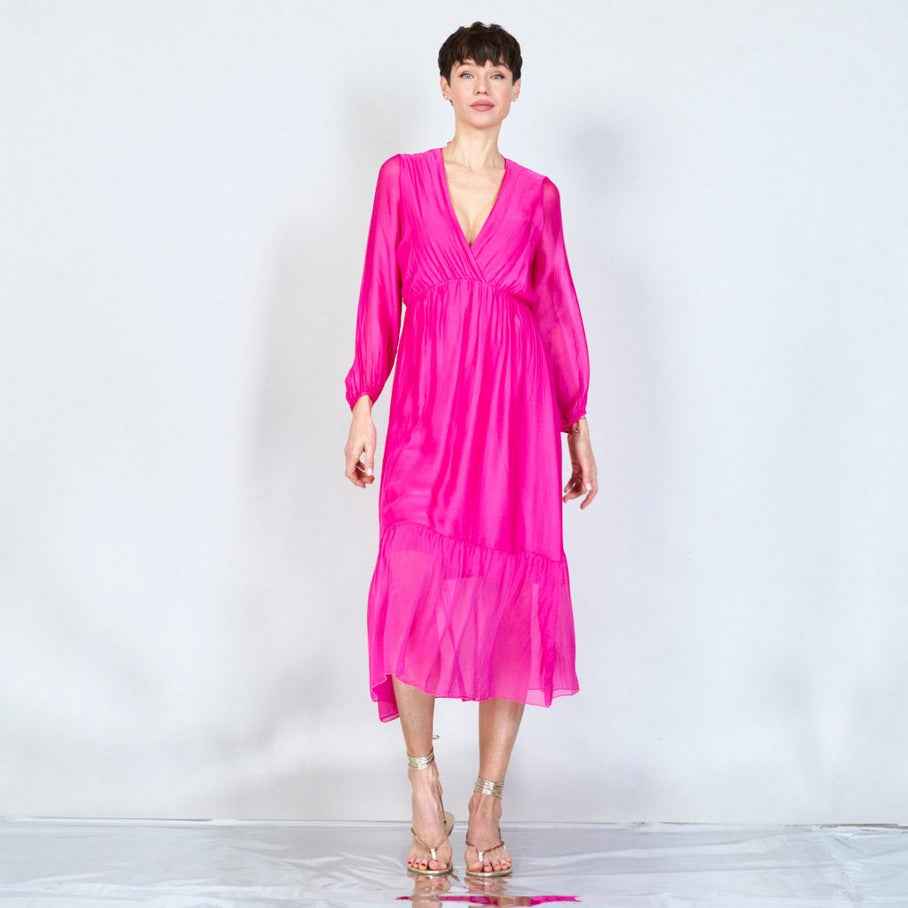 BZNA langes Kleid V-Ausschnitt Midi Kleid aus Seidenchiffon Seidenkleid   oneSize