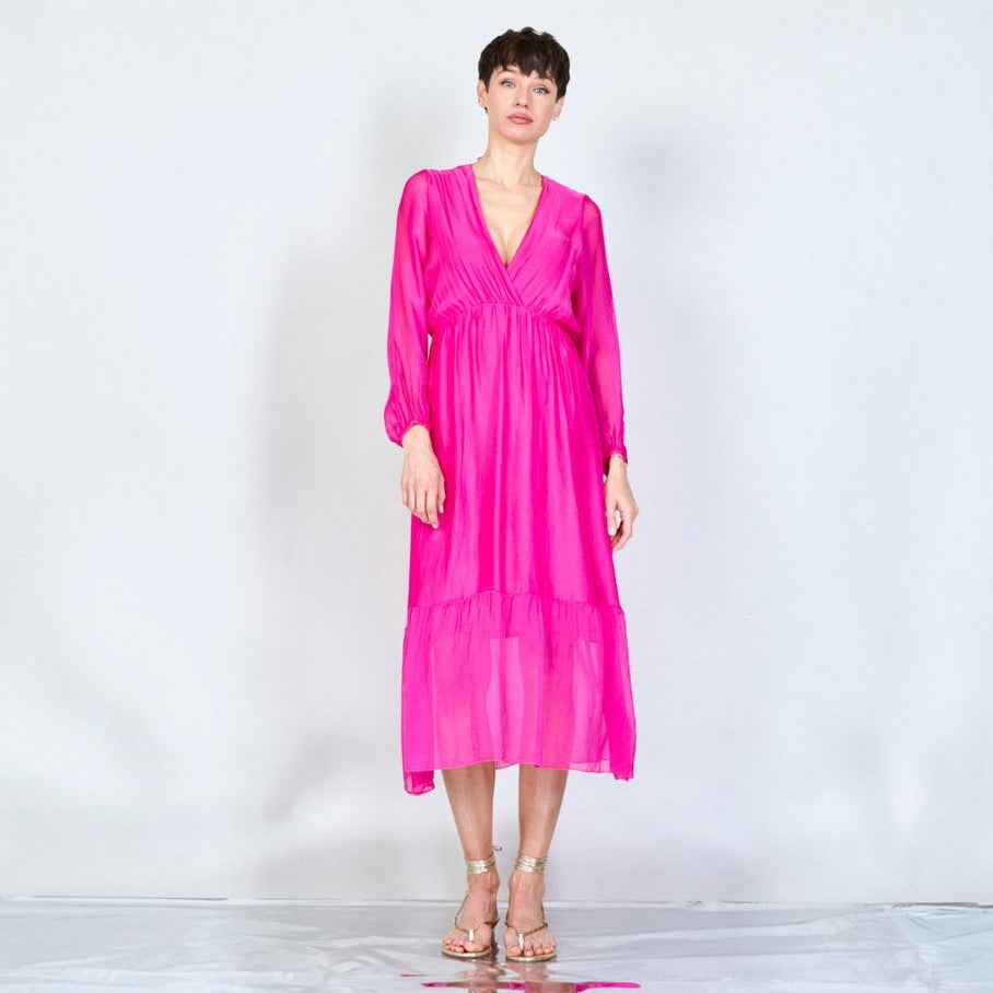 BZNA langes Kleid V-Ausschnitt Midi Kleid aus Seidenchiffon Seidenkleid   oneSize