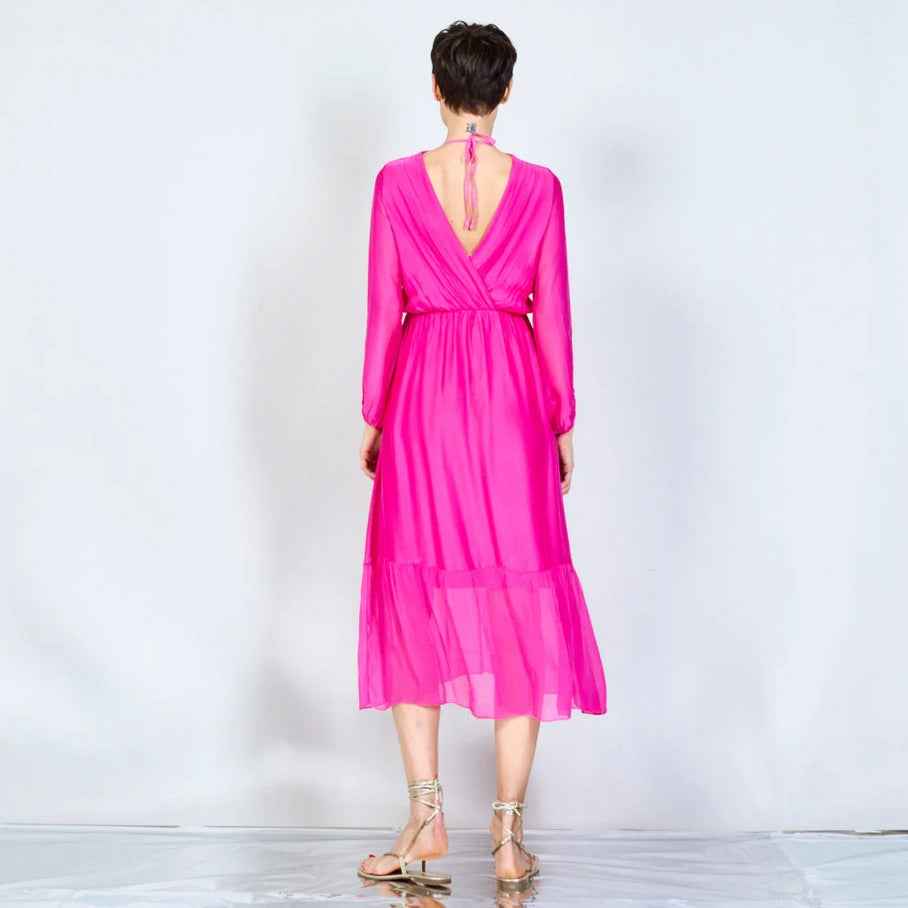 BZNA langes Kleid V-Ausschnitt Midi Kleid aus Seidenchiffon Seidenkleid   oneSize
