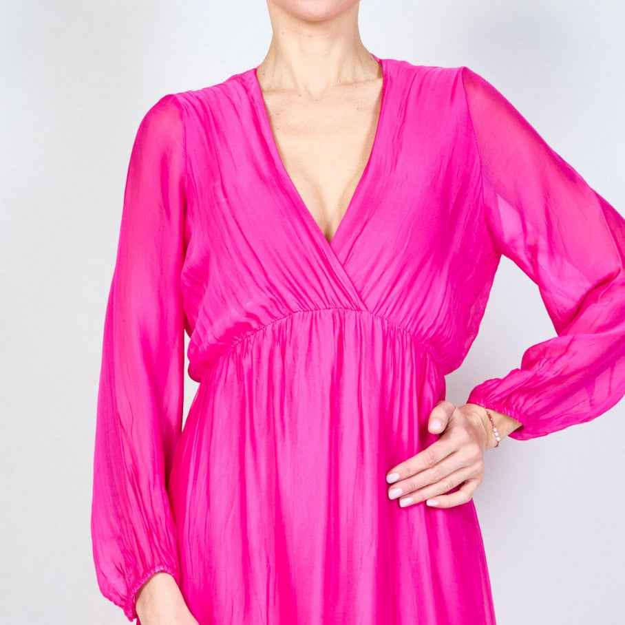 BZNA langes Kleid V-Ausschnitt Midi Kleid aus Seidenchiffon Seidenkleid   oneSize