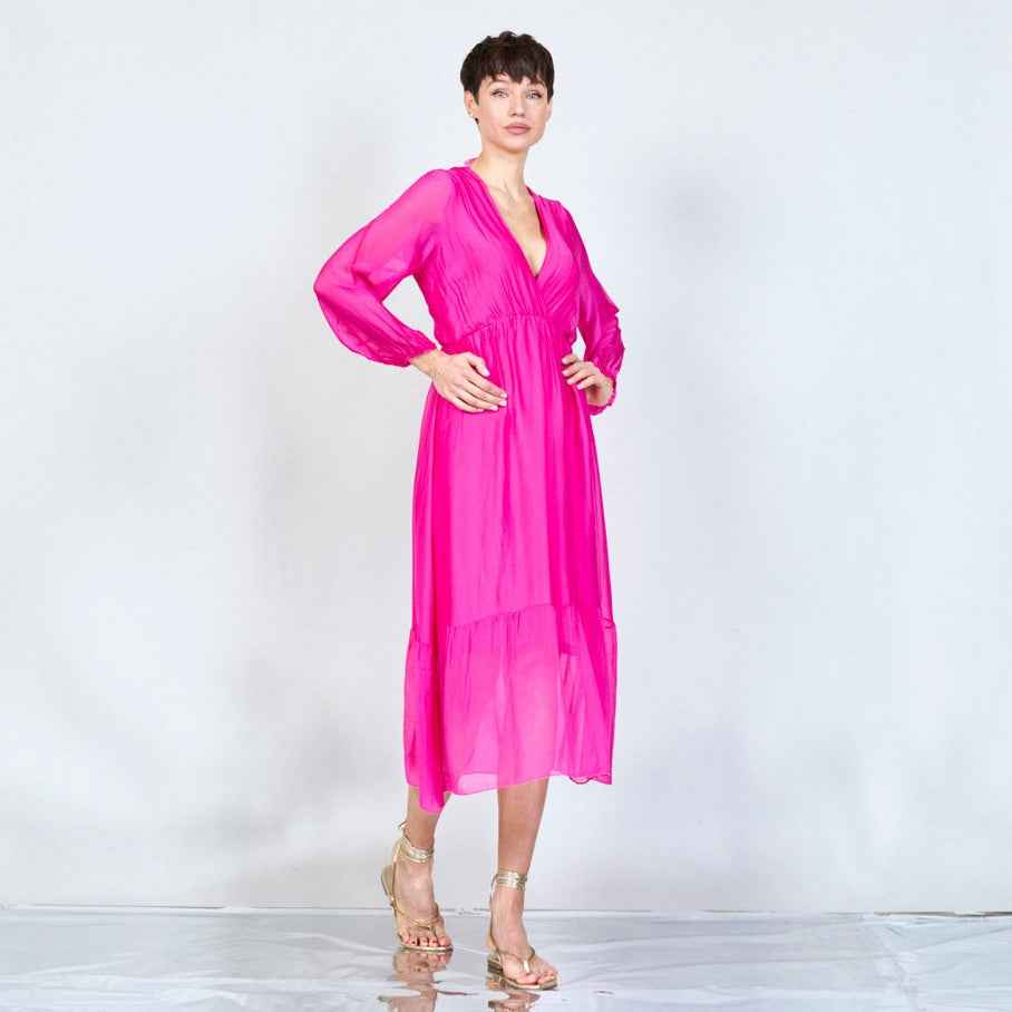 BZNA langes Kleid V-Ausschnitt Midi Kleid aus Seidenchiffon Seidenkleid   oneSize