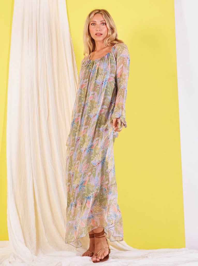 BZNA Boho Hippie Chiffonkleid mit elastischen Kragen Kleid Seide Langes Seidenkleid oneSize