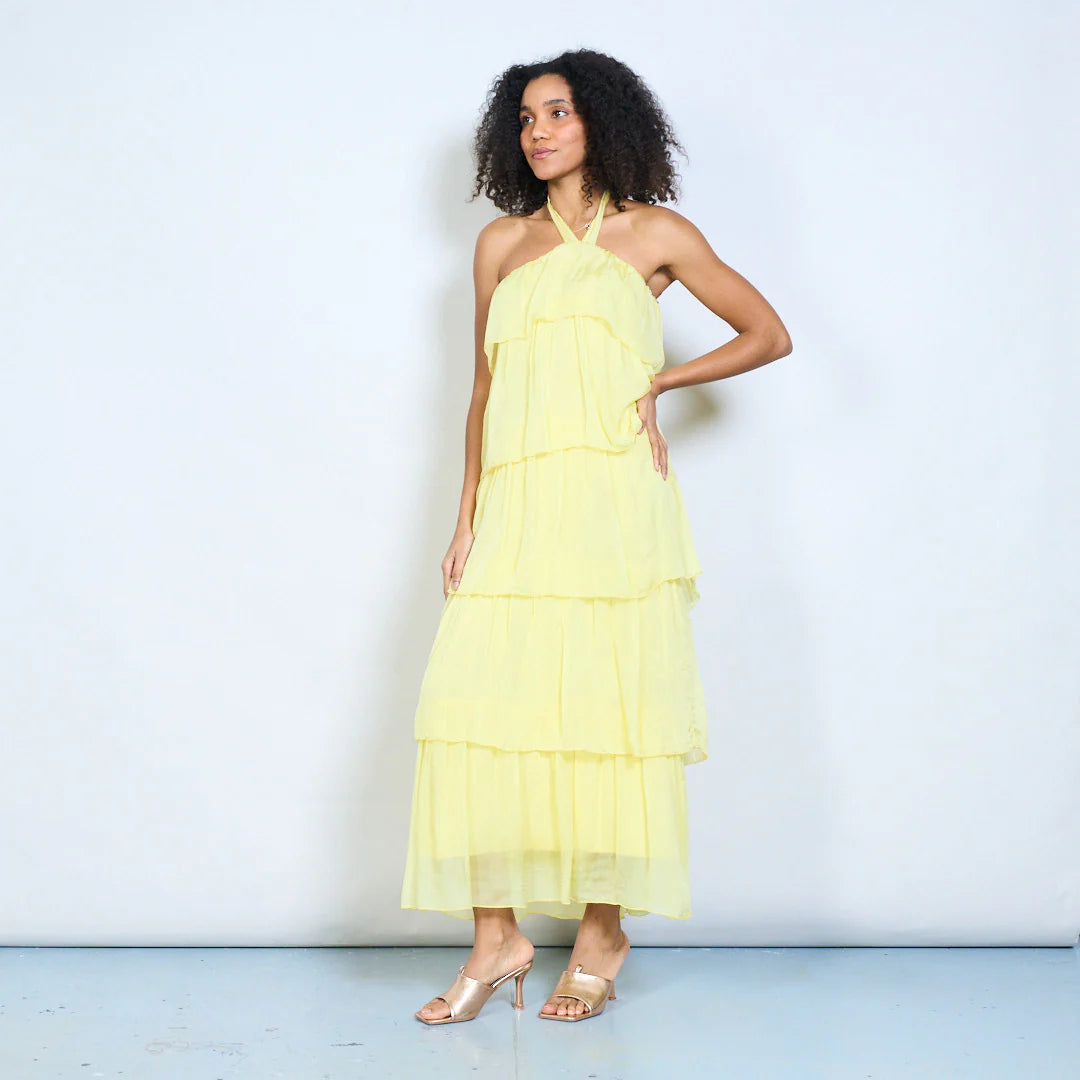 BZNA Sommer Neckholder Stufen Maxikleid Stufen Seidenkleid Chiffonkleid oneSize - B Z N A