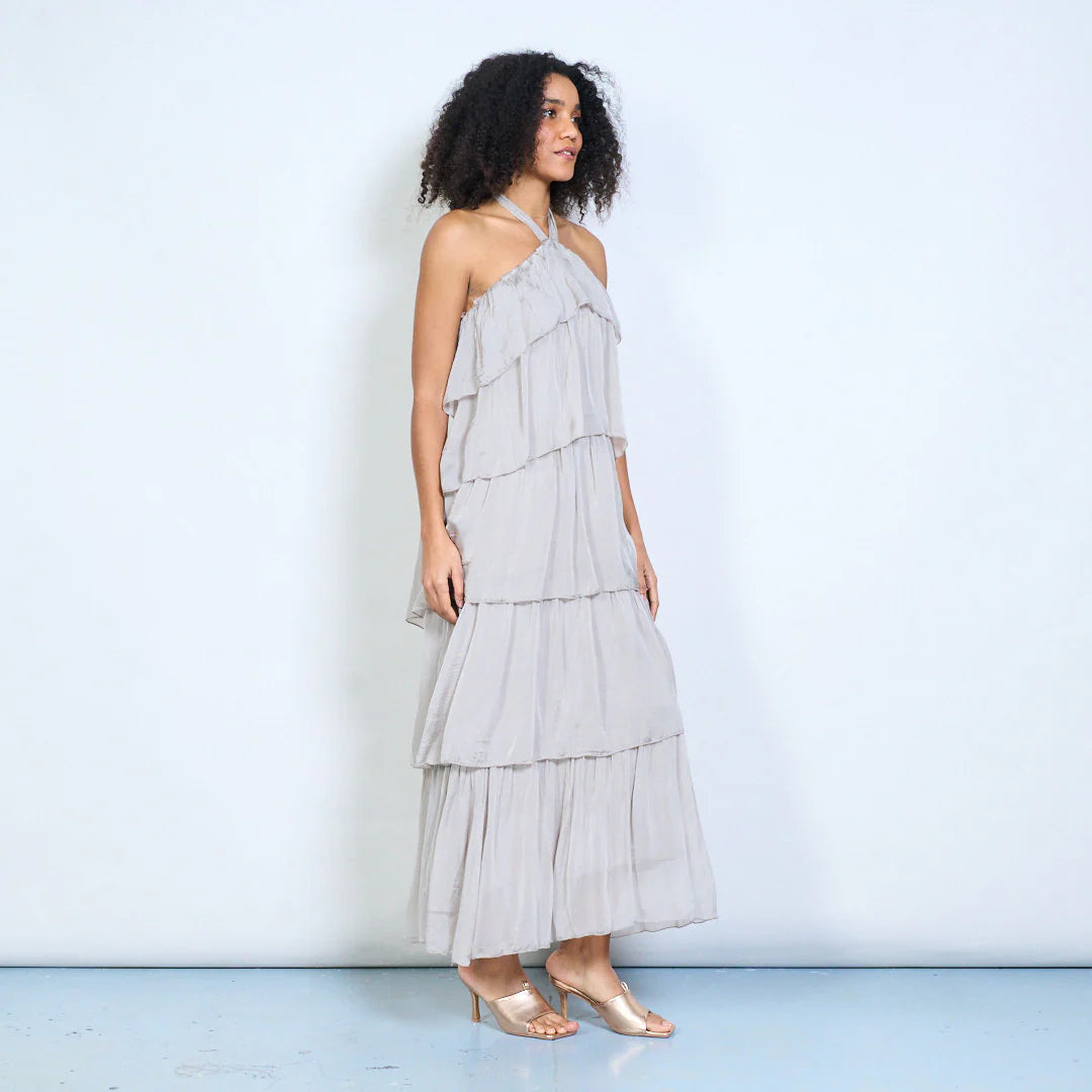 BZNA Sommer Neckholder Stufen Maxikleid Stufen Seidenkleid Chiffonkleid oneSize - B Z N A