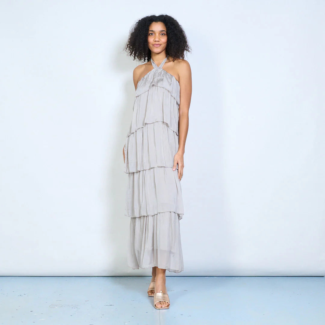 BZNA Sommer Neckholder Stufen Maxikleid Stufen Seidenkleid Chiffonkleid oneSize - B Z N A