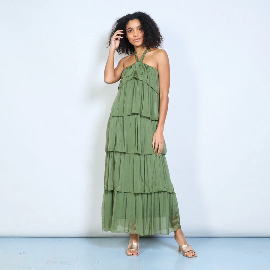 BZNA Sommer Neckholder Stufen Maxikleid Stufen Seidenkleid Chiffonkleid oneSize - B Z N A