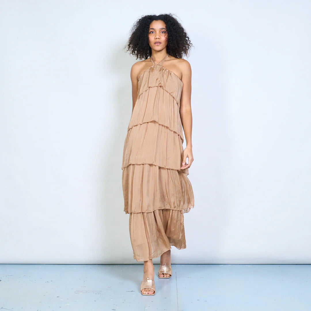 BZNA Sommer Neckholder Stufen Maxikleid Stufen Seidenkleid Chiffonkleid oneSize - B Z N A