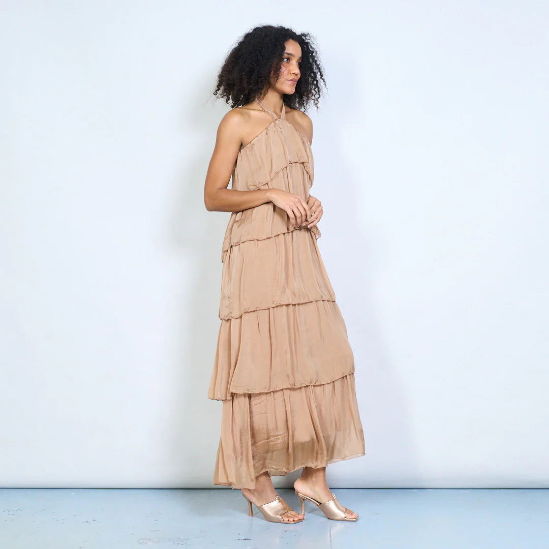 BZNA Sommer Neckholder Stufen Maxikleid Stufen Seidenkleid Chiffonkleid oneSize - B Z N A