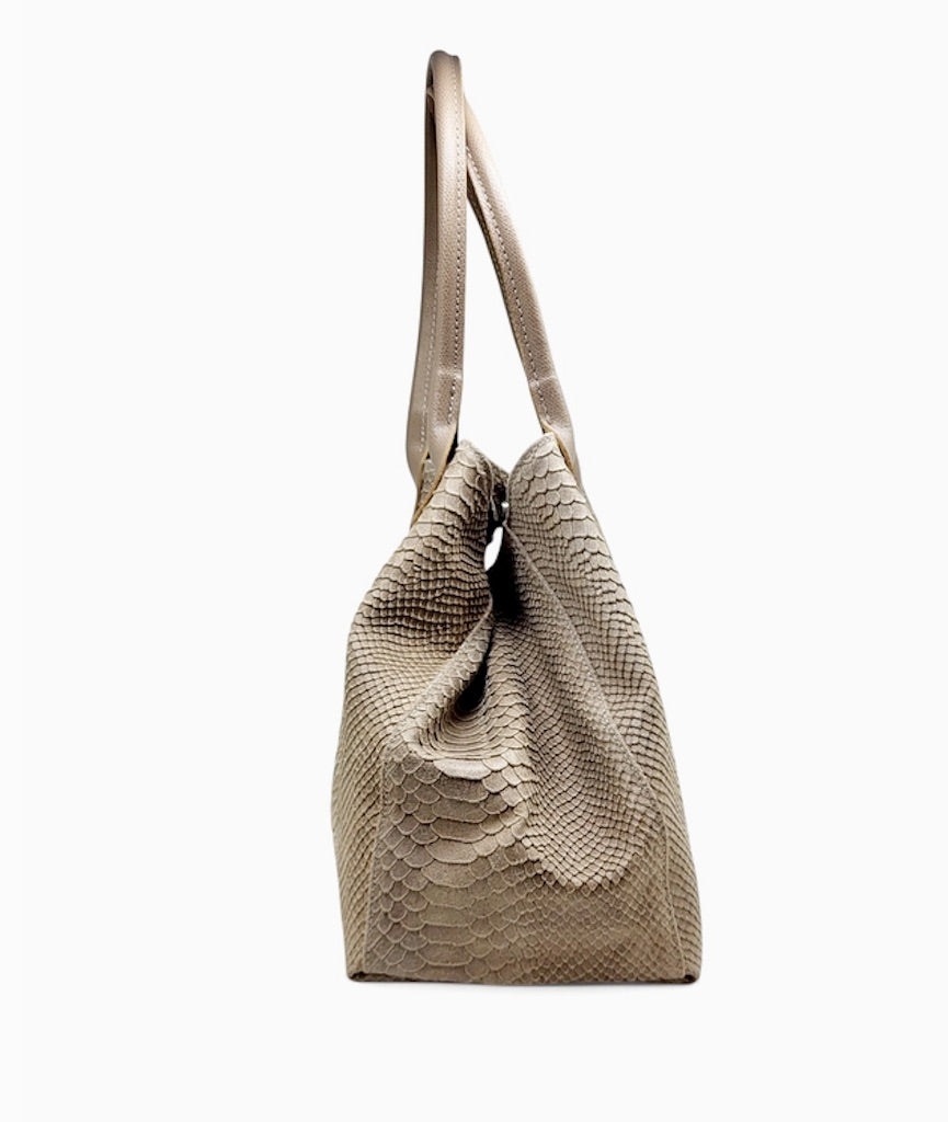 BZNA Bag Ladasha Light Taupe Snake Prägung Leder Italy Damen Shopper Handtasche Schultertasche Tasche - B Z N A