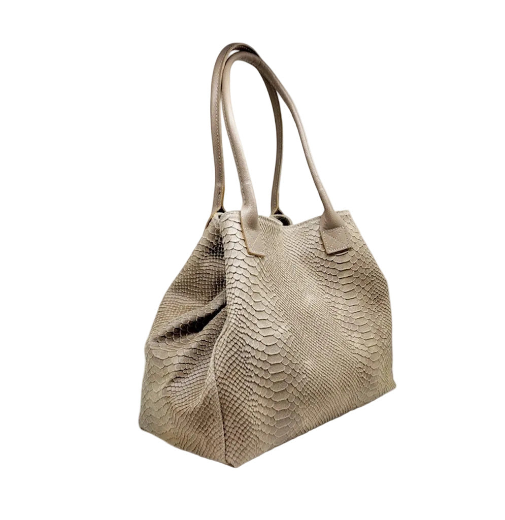 BZNA Bag Ladasha Light Taupe Snake Prägung Leder Italy Damen Shopper Handtasche Schultertasche Tasche - B Z N A