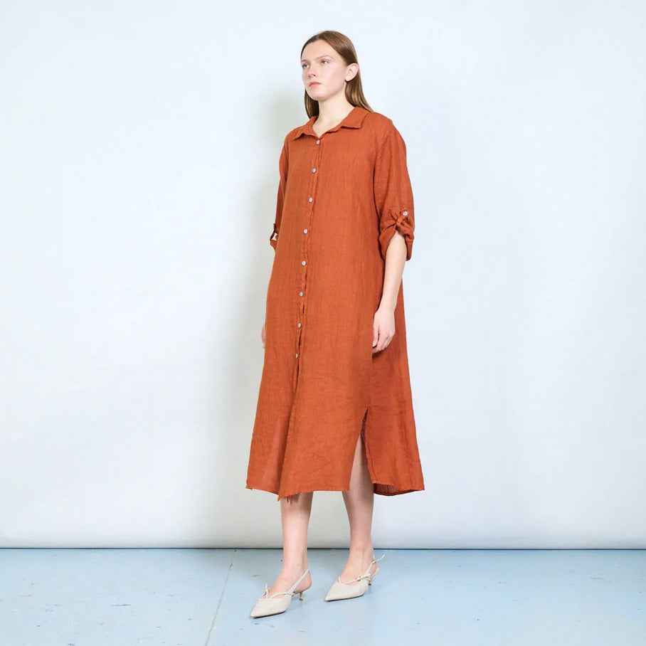BZNA Leinen weiches drapiertes Leinen Longshirt mit hochgekrempelten Ärmeln Onesize