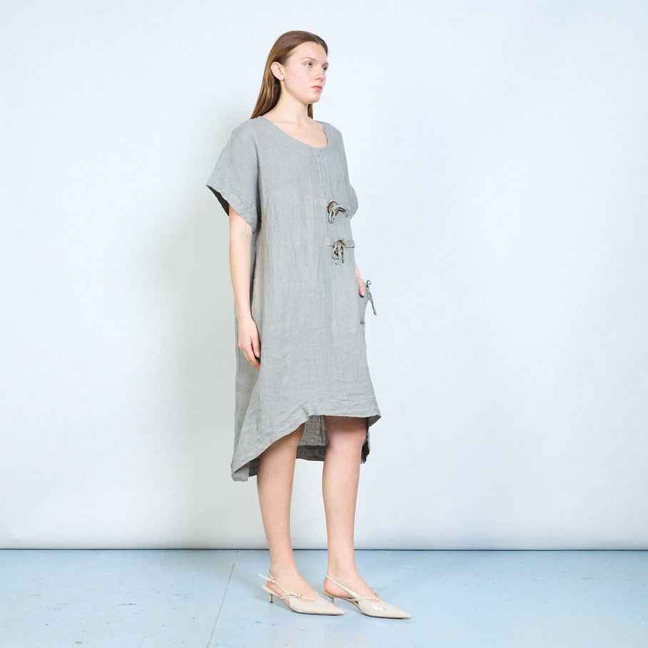BZNA Leinen Kleid weiche Leinentunika mit Knopfleiste und Taschen Onesize