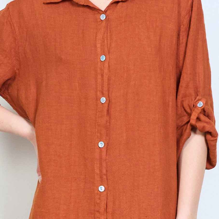 BZNA Leinen weiches drapiertes Leinen Longshirt mit hochgekrempelten Ärmeln Onesize