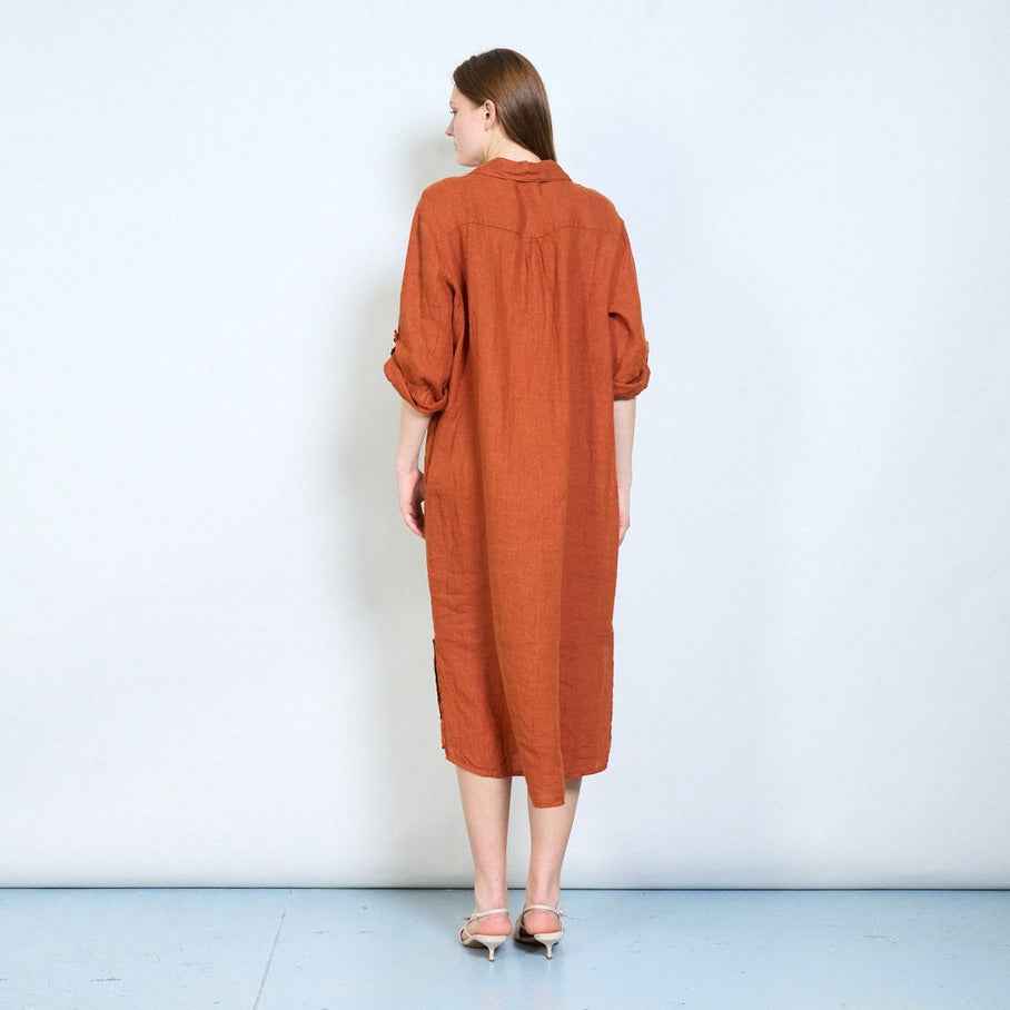 BZNA Leinen weiches drapiertes Leinen Longshirt mit hochgekrempelten Ärmeln Onesize