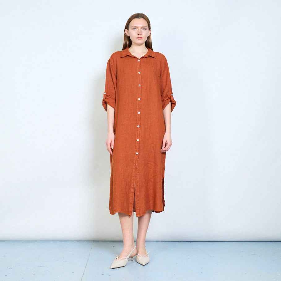 BZNA Leinen weiches drapiertes Leinen Longshirt mit hochgekrempelten Ärmeln Onesize