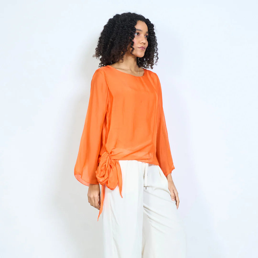 BZNA Seidenbluse Tunika Seidentunika Seidenchiffonbluselangen Ärmeln und Bindesaum oneSize - B Z N A