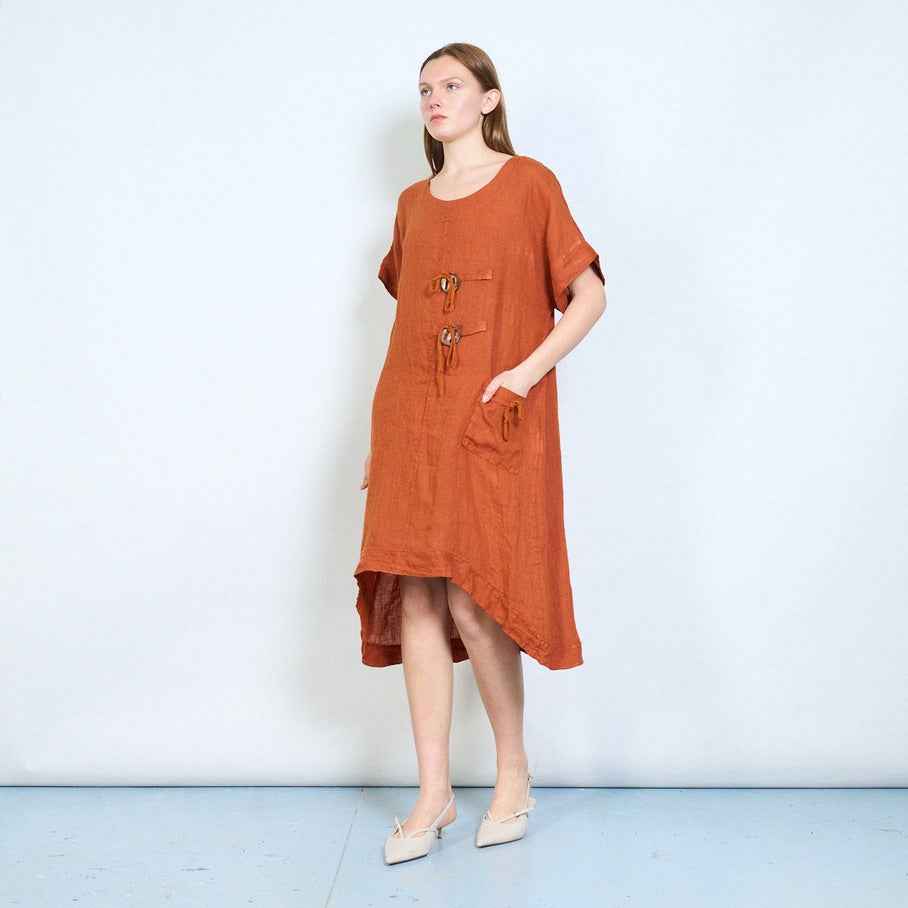 BZNA Leinen Kleid weiche Leinentunika mit Knopfleiste und Taschen Onesize