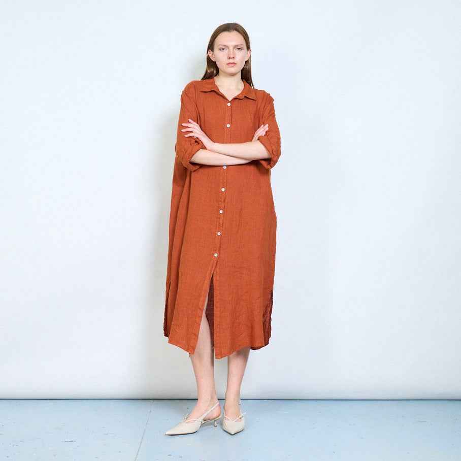 BZNA Leinen weiches drapiertes Leinen Longshirt mit hochgekrempelten Ärmeln Onesize