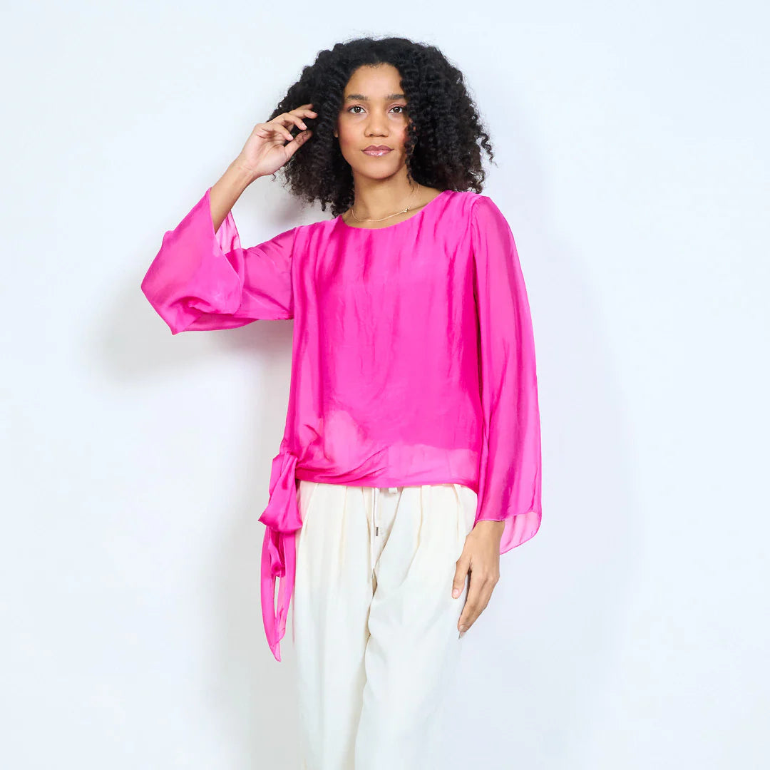 BZNA Seidenbluse Tunika Seidentunika Seidenchiffonbluselangen Ärmeln und Bindesaum oneSize - B Z N A