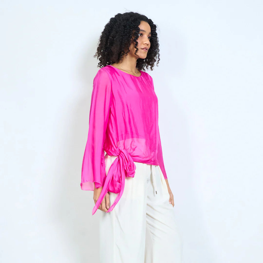 BZNA Seidenbluse Tunika Seidentunika Seidenchiffonbluselangen Ärmeln und Bindesaum oneSize - B Z N A