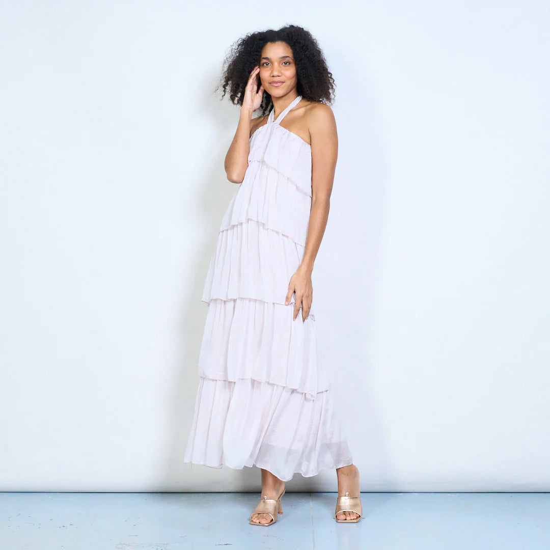 BZNA Sommer Neckholder Stufen Maxikleid Stufen Seidenkleid Chiffonkleid oneSize - B Z N A