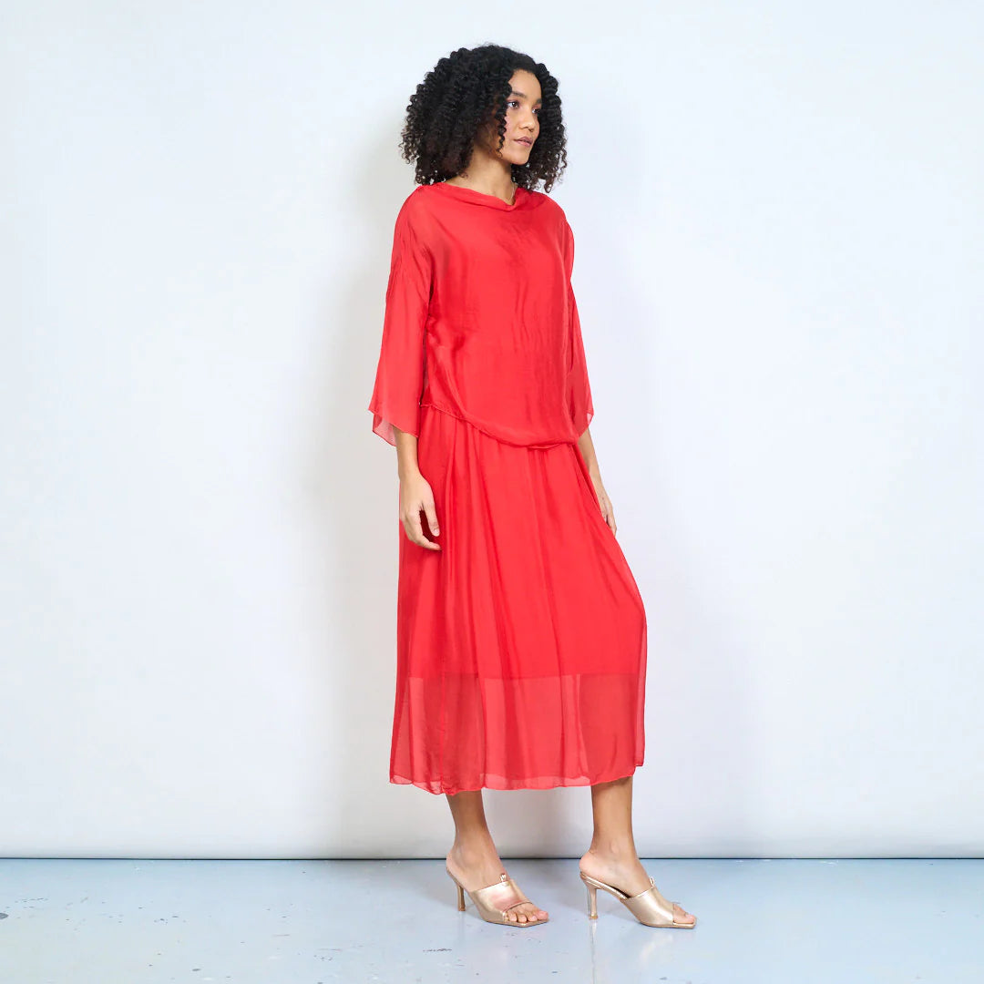 BZNA Kleid  Seidenkleid  Midikleid mit drapiertem Wasserfallausschnitt und fließendem gerafftem Rock oneSize - B Z N A