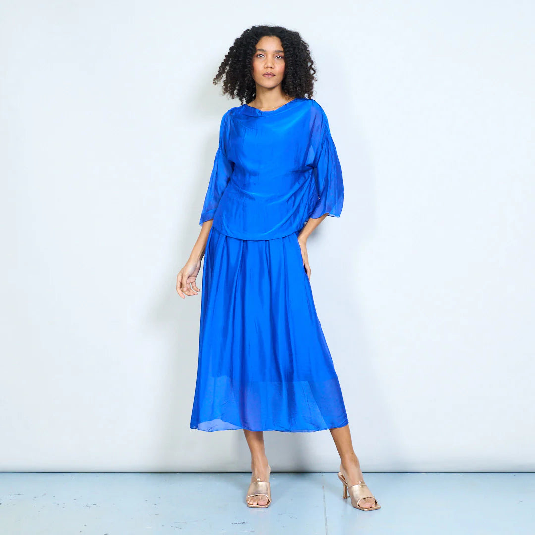 BZNA Kleid  Seidenkleid  Midikleid mit drapiertem Wasserfallausschnitt und fließendem gerafftem Rock oneSize - B Z N A