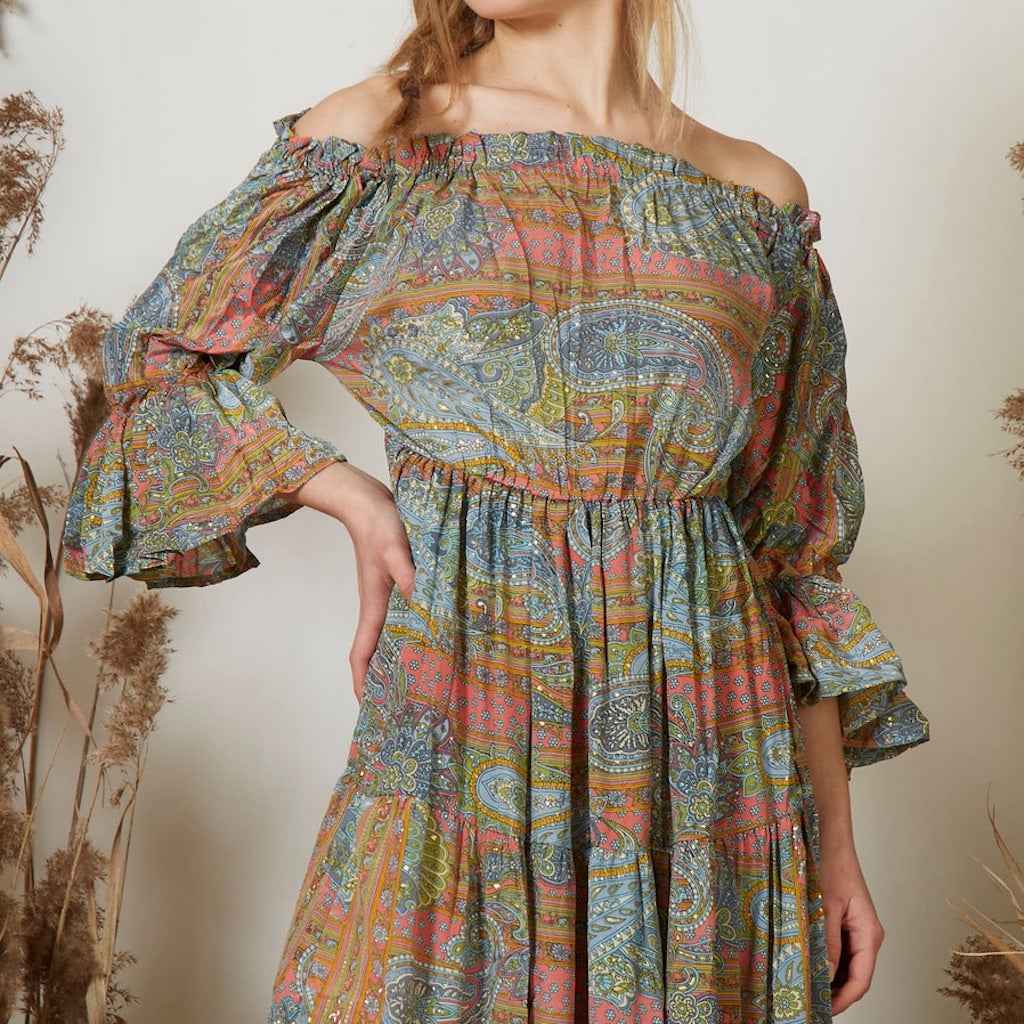 BZNA Boho Hippie Skyblue Kleid Seide Langes Schulterfreies Seidenkleid mit Puffärmeln oneSize