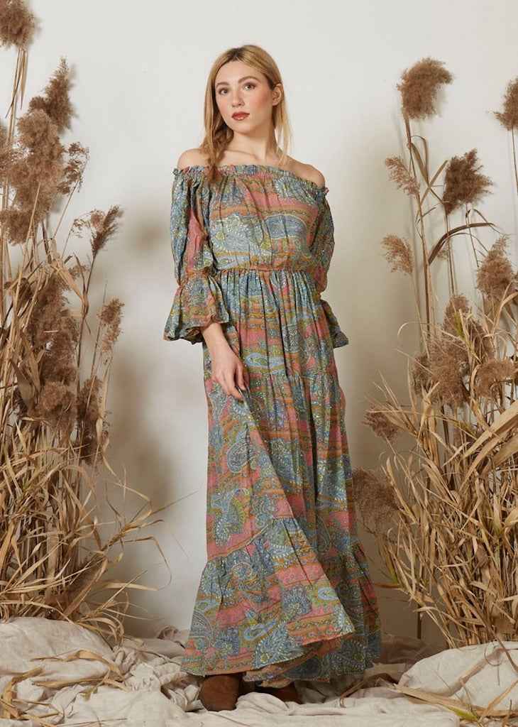 BZNA Boho Hippie Skyblue Kleid Seide Langes Schulterfreies Seidenkleid mit Puffärmeln oneSize