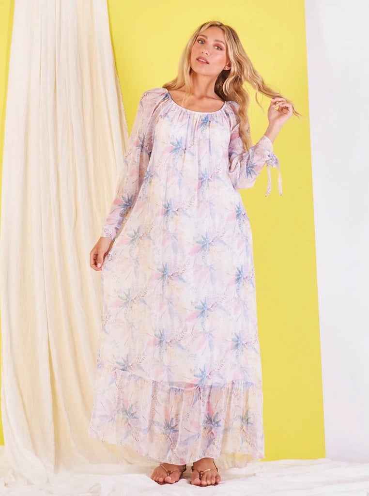 BZNA Boho Hippie Chiffonkleid mit elastischen Kragen Kleid Seide Langes Seidenkleid oneSize