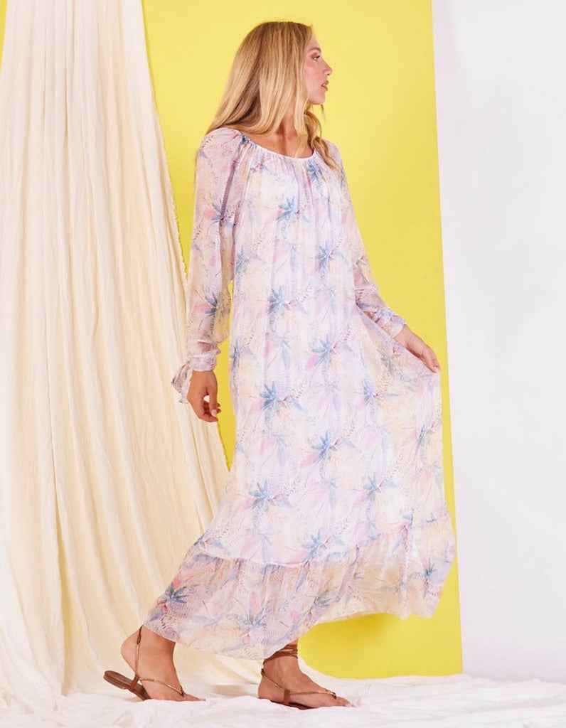BZNA Boho Hippie Chiffonkleid mit elastischen Kragen Kleid Seide Langes Seidenkleid oneSize