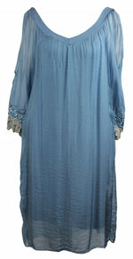 Load image into Gallery viewer, BZNA Ibiza Empire Dress Blau Sommer Kleid Seidenkleid Damen Seide Silk Häckel
