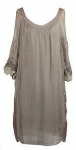 Load image into Gallery viewer, BZNA Ibiza Empire Dress Taupe Sommer Kleid Seidenkleid Damen Seide Silk Häckel
