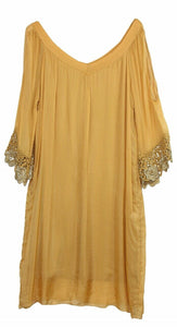 BZNA Ibiza Empire Dress Gelb Sommer Kleid Seidenkleid Damen Seide Silk Häkel