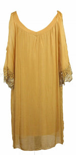 Load image into Gallery viewer, BZNA Ibiza Empire Dress Gelb Sommer Kleid Seidenkleid Damen Seide Silk Häkel
