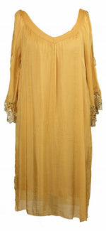 Load image into Gallery viewer, BZNA Ibiza Empire Dress Gelb Sommer Kleid Seidenkleid Damen Seide Silk Häkel
