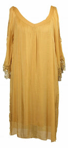 BZNA Ibiza Empire Dress Gelb Sommer Kleid Seidenkleid Damen Seide Silk Häkel