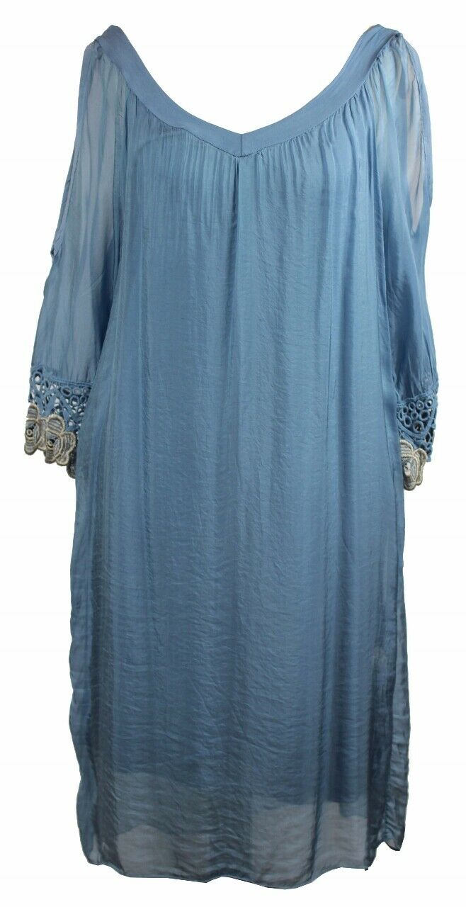 BZNA Ibiza Empire Dress Blau Sommer Kleid Seidenkleid Damen Seide Silk Häckel