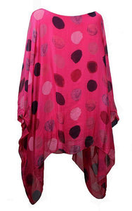 BZNA Seiden Tunika Fuxia Pink Bluse mit Punkten pünktchen Muster Seidentunika Fledermaus Ärmel 38 40 42 44 46 one size Damen Dress Oberteil elegant