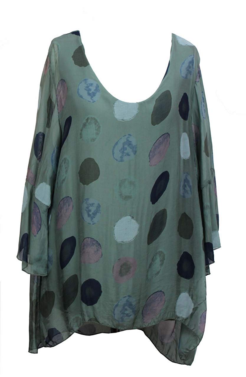 BZNA Seiden Tunika Verde Grün Bluse mit Punkten pünktchen Muster Seidentunika Trompeten Ärmel 36 40 42 one size Damen Dress Oberteil elegant