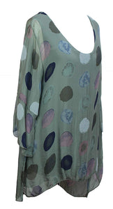 BZNA Seiden Tunika Verde Grün Bluse mit Punkten pünktchen Muster Seidentunika Trompeten Ärmel 36 40 42 one size Damen Dress Oberteil elegant