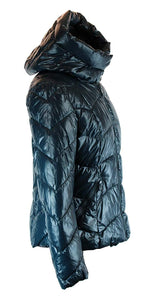 Petrol Blau glänzend warm Größe: L/XL Damen Kragen Kapuzenjacke gefüttert Winterjacke Parka Steppjacke mit Kapuze warm & Winddicht